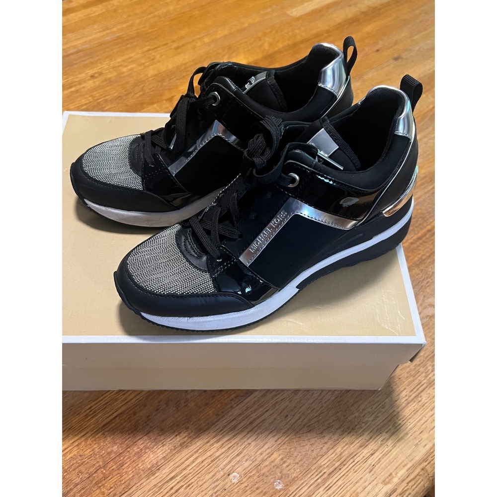 Michael Kors Georgie Trainer Black Patent Silver Metallic Wedge Sneakers 43S0GEF